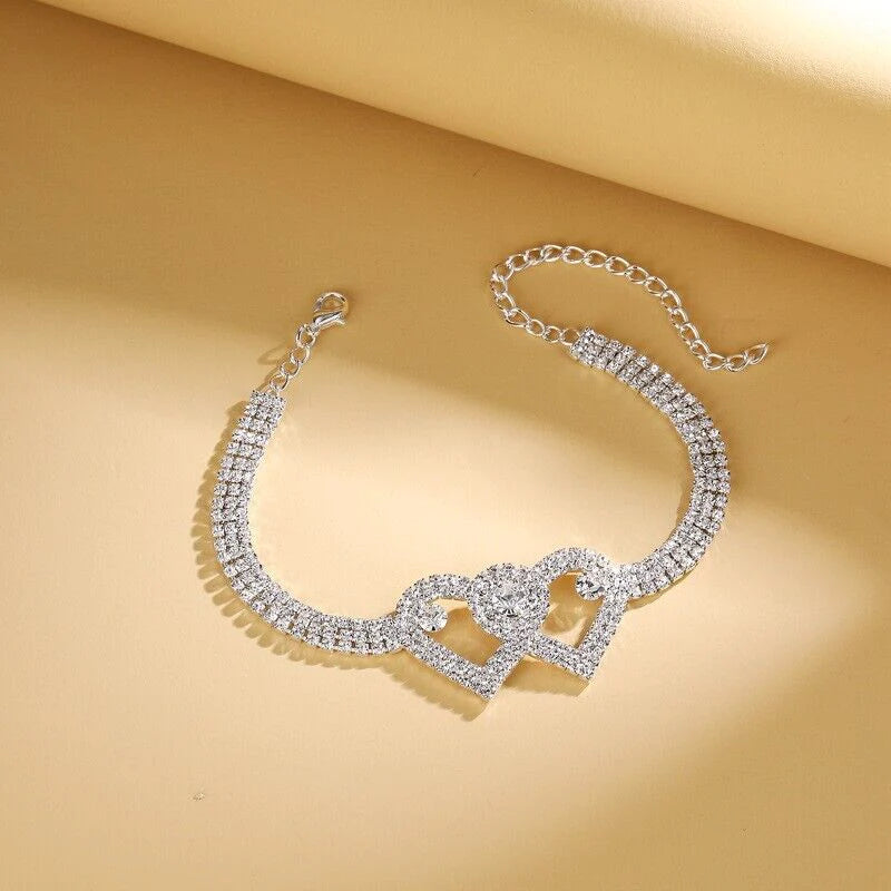 Double Heart Anklet Bracelet Love Barefoot Chain Bling Crystal Ankle Bracelet US