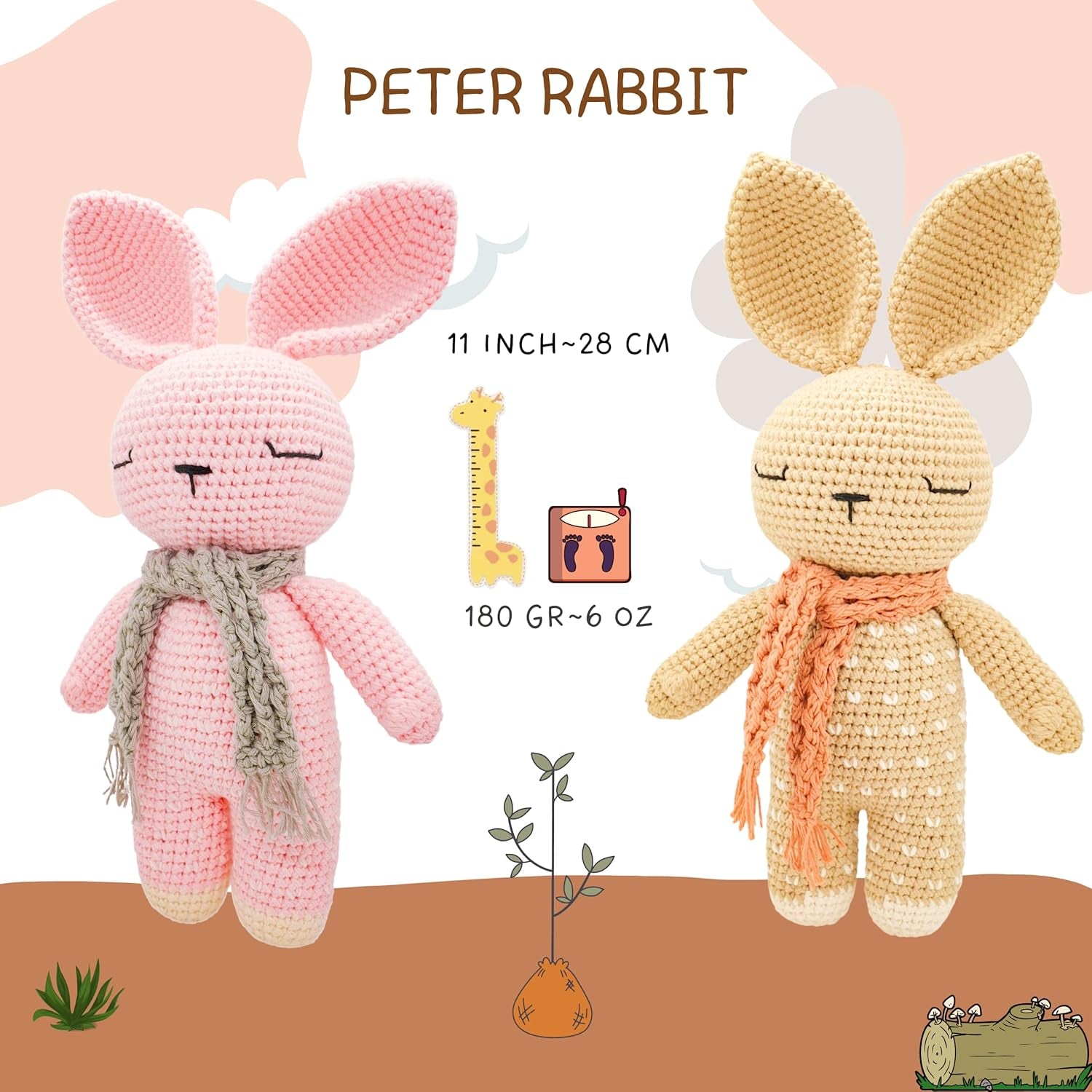 Peter Rabbit - Crochet Stuffed Animals - Bunny Knitted Stuffed Animal Toys, Amigurumi Toys, for Babies, Kindergarteners, Girls, Boys and Adults - 100% Handmade - 11'' Tall - Yellow